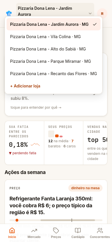 Seletor de lojas do app aberto: cinco unidades da mesma rede e a opção de adicionar loja