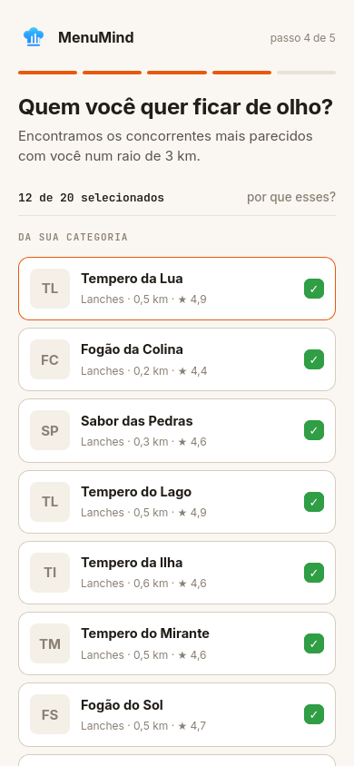 Tela de escolha de concorrentes do app: sugestões parecidas por perto, com contador da lista